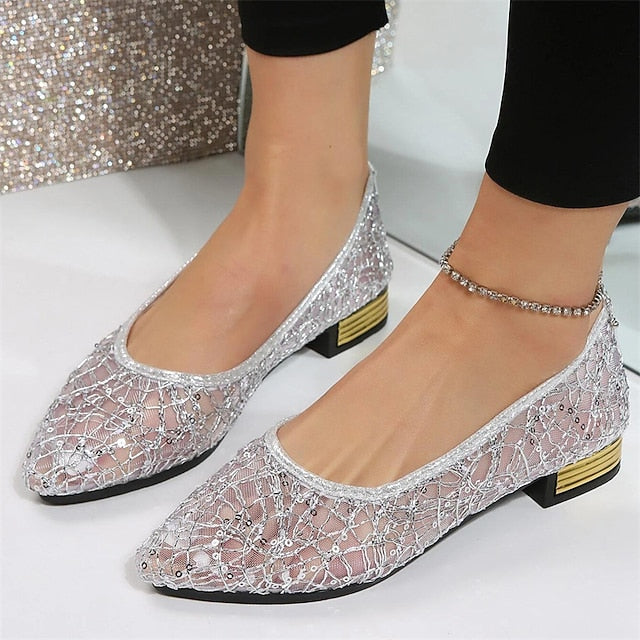 Women's Silver Flats Ballet – Elegant Mesh Sequin