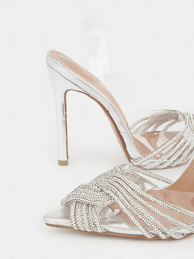Transparent with Straps Sandals Silver Stiletto – Rhinestone