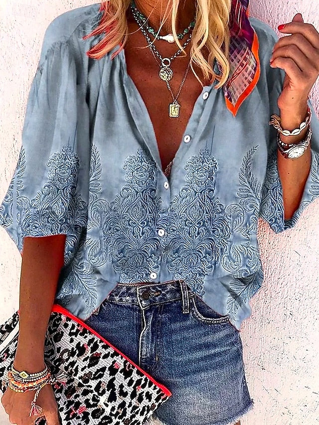 Women's Shirt Button Down Blouse Ombre Floral Graphic