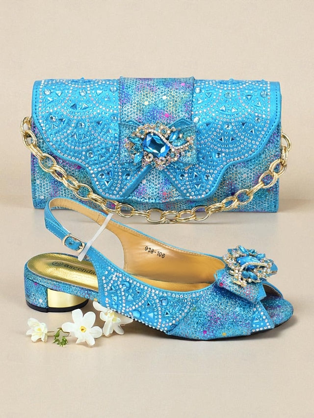 Women's Rhinestone and Gold Heels Matching Slingback Clutch