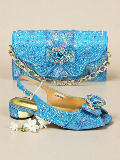 Women's Rhinestone and Gold Heels Matching Slingback Clutch