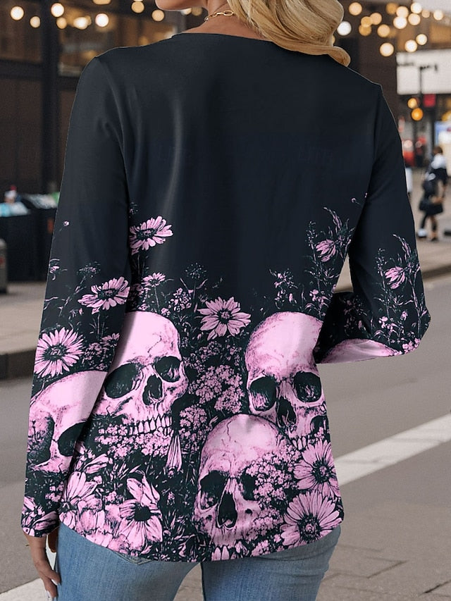 Women's T Shirt Skulls Crew Neck Long Sleeve Tunic Graphic