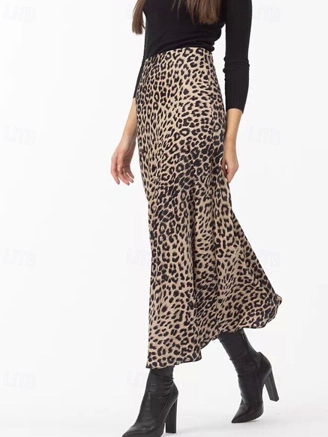 Women's Fashion Sexy Maxi High Waist Skirts Leopard Ruched