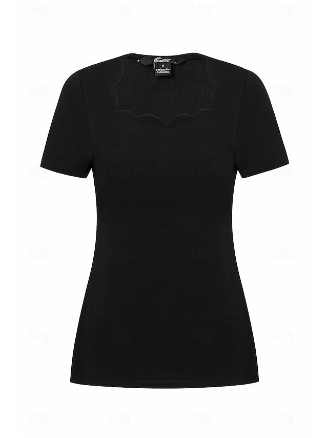 Women's Scalloped Neckline T-shirt Short Sleeve Solid Color