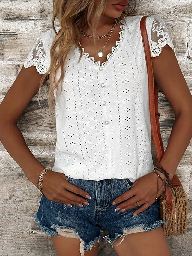 Women's White Elegant Lace Tops Eyelet Blouse Casual Solid
