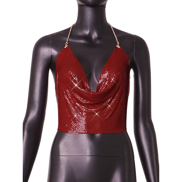 Metallic Chain Camisole Top Sparkle Crop Backless Body Tank