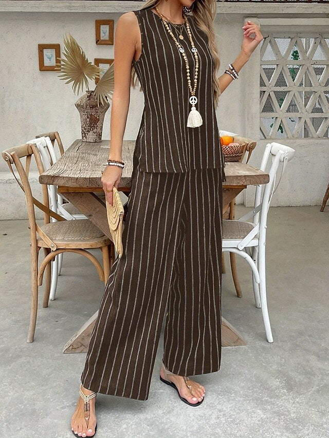 Women's Tracksuit Pants Sets Sleeveless Round Neck Striped