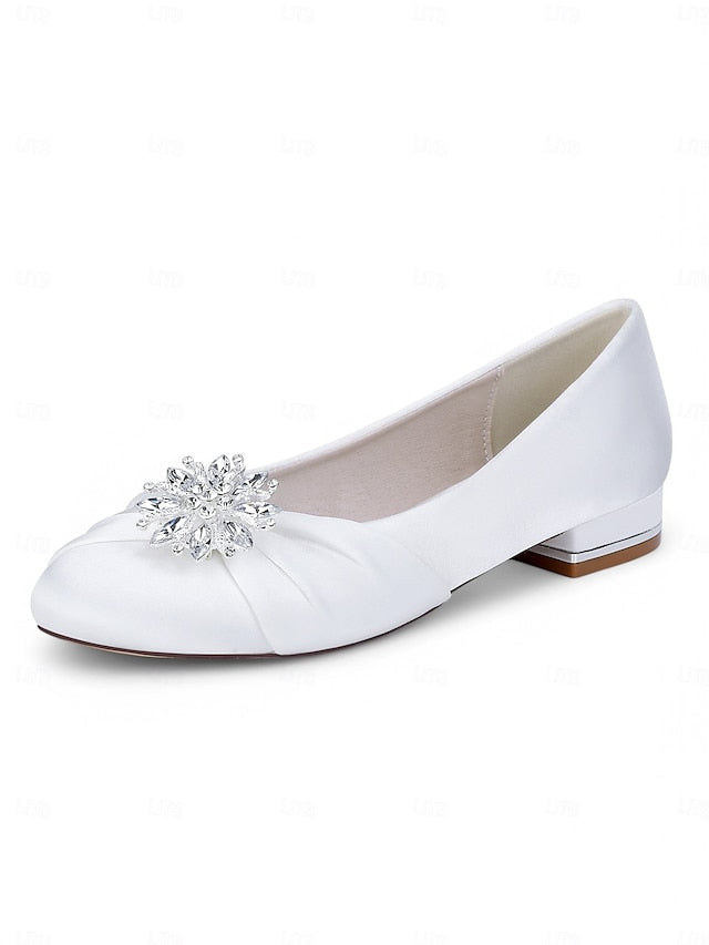 White Wedding Satin Flats – Elegant Crystal Women's