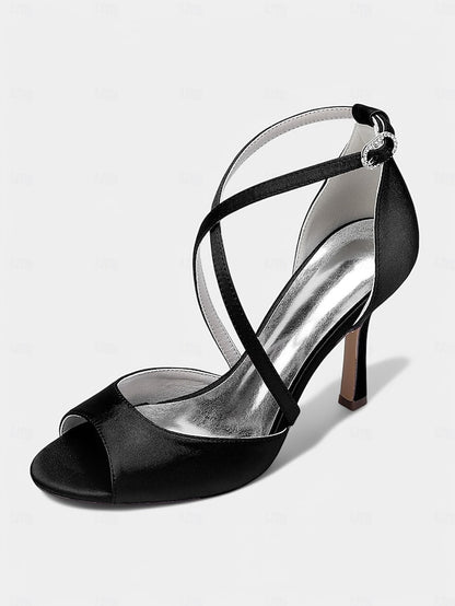 Cross-Strap Peep-Toe – Elegant White Satin Heels Women's