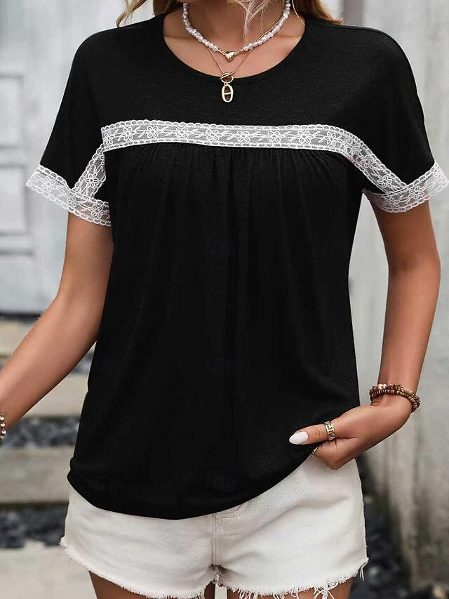 Top Lace Trim Shirt T Pleats Women's Splicing