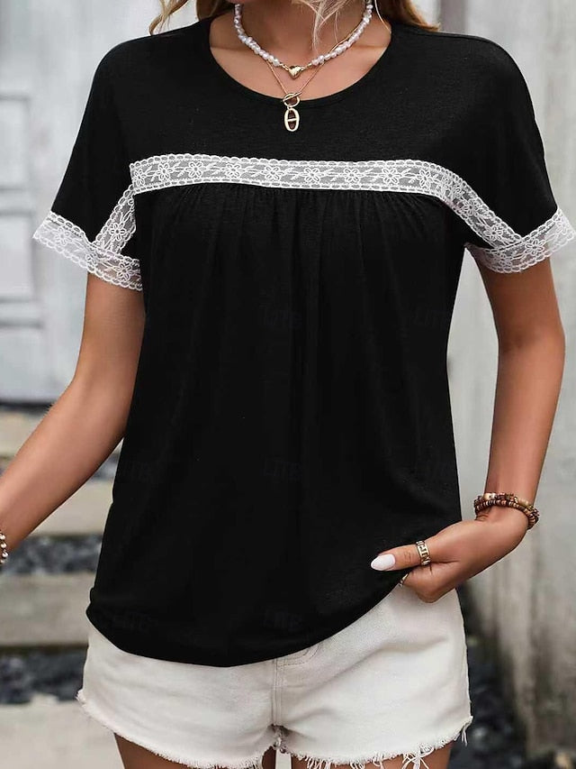 Women's T Shirt Lace Splicing Top Pleats Lace Trim Splicing