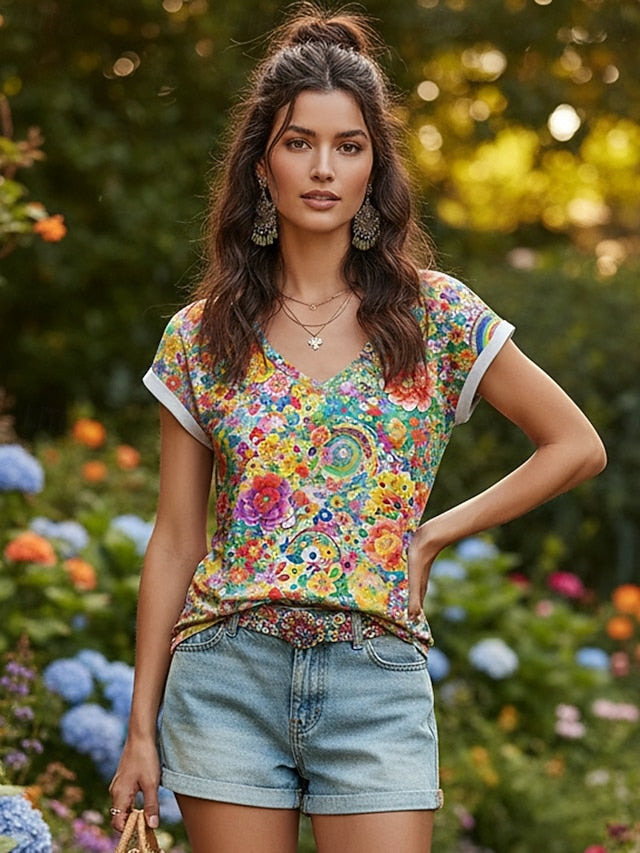 Women's T Shirt Print Floral Graphic Color Block Bohemia