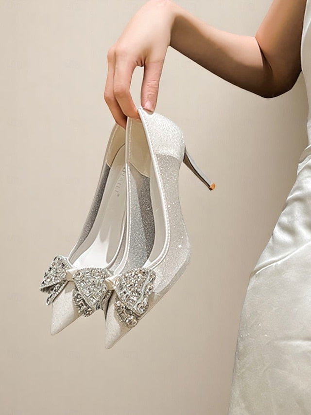 with Bow Women's Rhinestone High Glitter Heels
