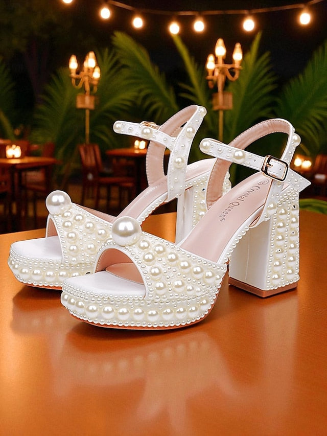 Block Heel Platform Embellished White Sandals Pearl Women's
