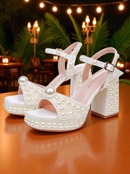 Block Heel Platform Embellished White Sandals Pearl Women's