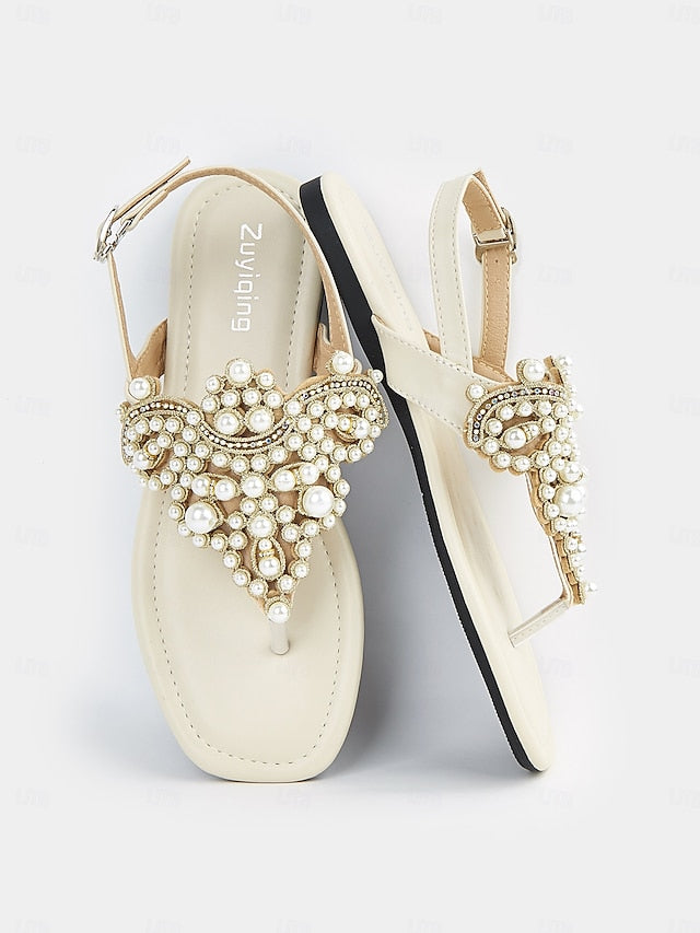 Flat T-Strap Elegant Pearl-Embellished Women's – Sandals