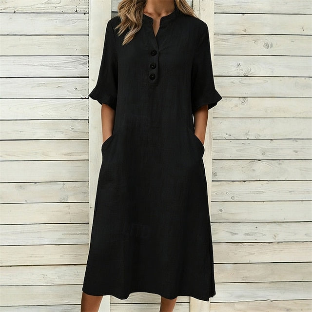 Women's Midi Dress Black Dress Cotton Linen Dress Elegant