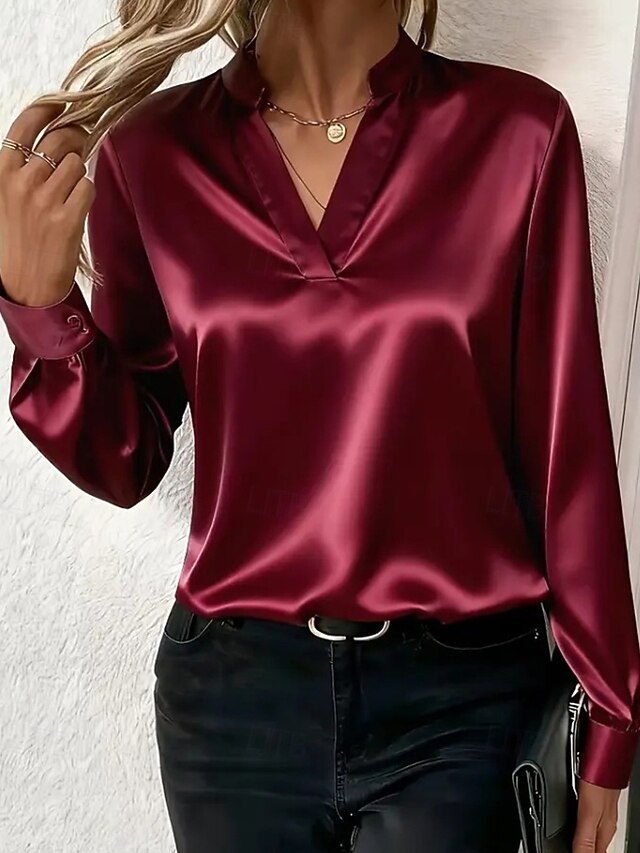 Women's Shirt Elegant Satin Top Blouse Plain Stylish Long