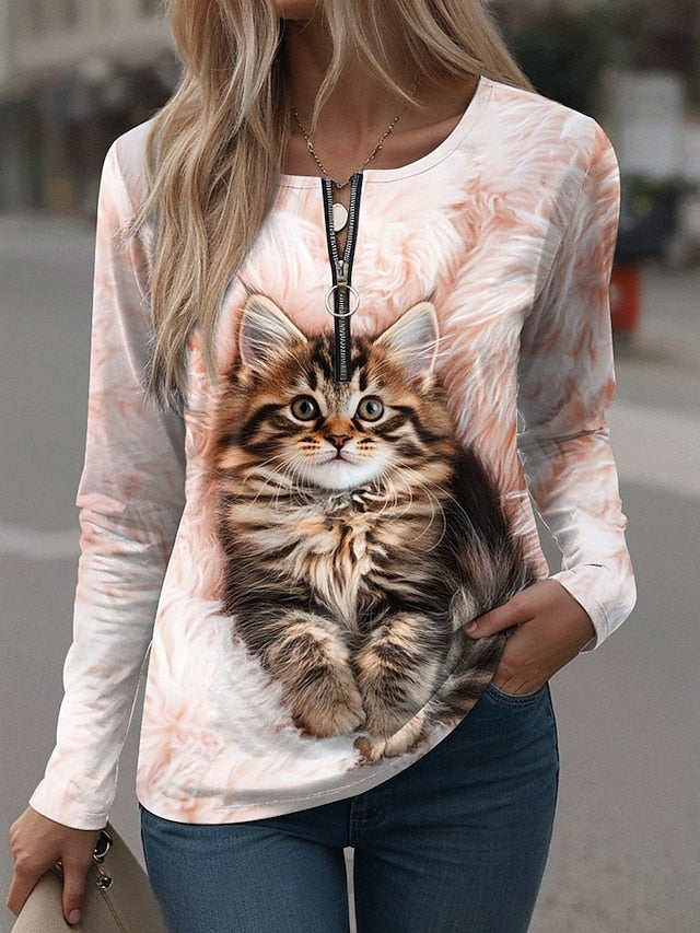 Women's T Shirt Zipper Print Graphic Animal Vintage Stylish