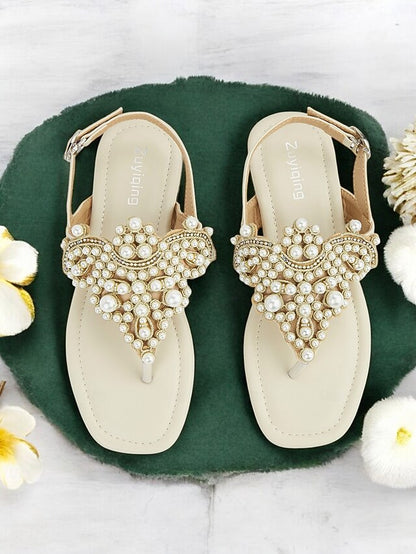 Flat T-Strap Elegant Pearl-Embellished Women's – Sandals