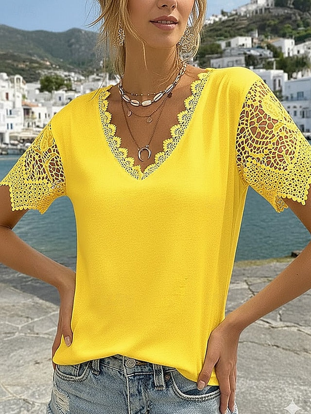 Women's T Shirt Lace T-shirt Tee Top Lace Plain Fashion