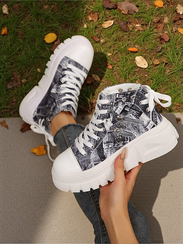 Women's Blue High Top Sneakers with Platform Sole and