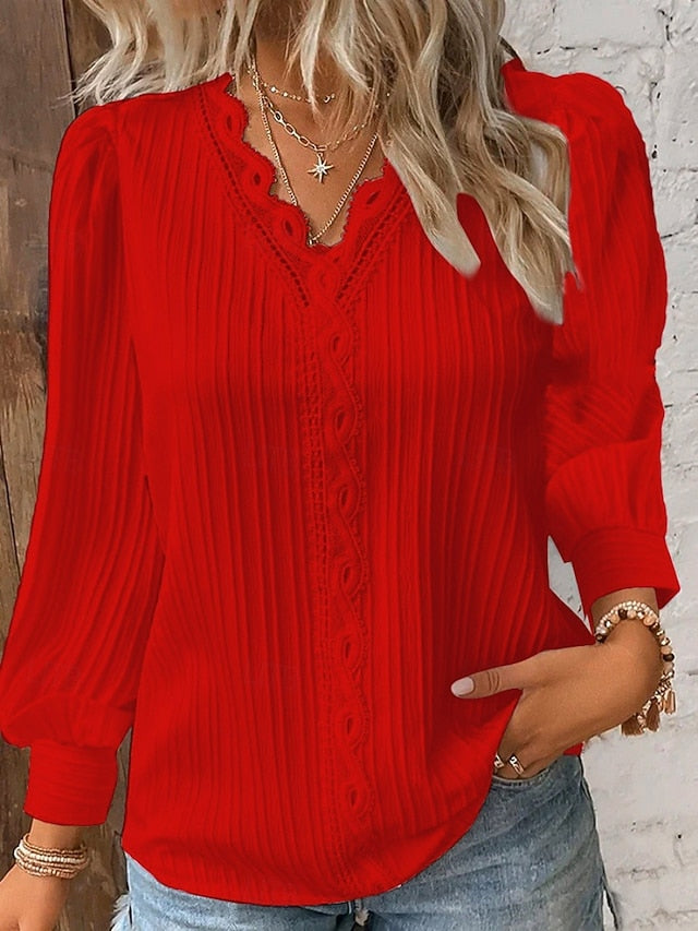 Women's Lace Shirt Solid Color Elegant Stylish Basic Long