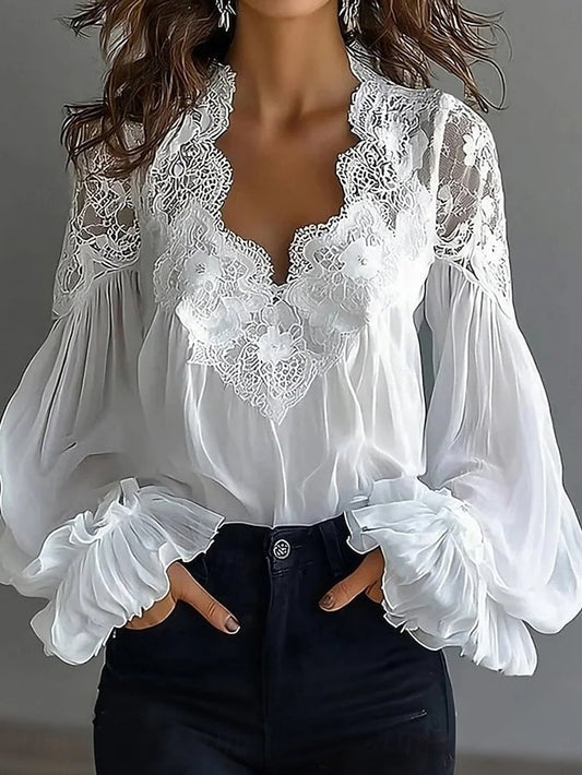 Women's Lace Shirt Blouse Lace Patchwork Solid Color