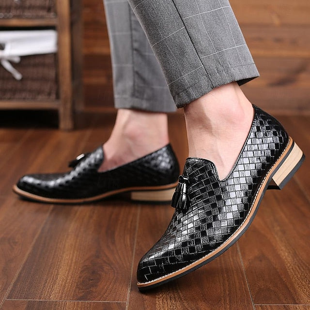 Leather Faux Loafers Tassel Detail with Men's Black Woven
