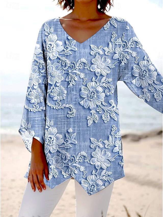 Women's Blouse Long Sleeve Asymmetrical Hem 3D Print Floral