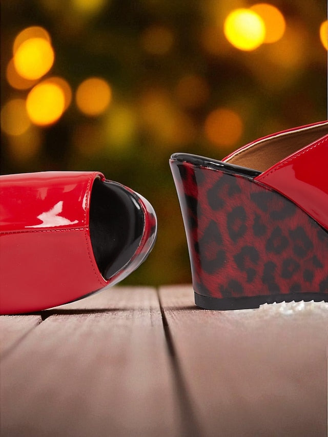 Peep - Leopard Patent Red Leather Sandals Toe Women's Wedge