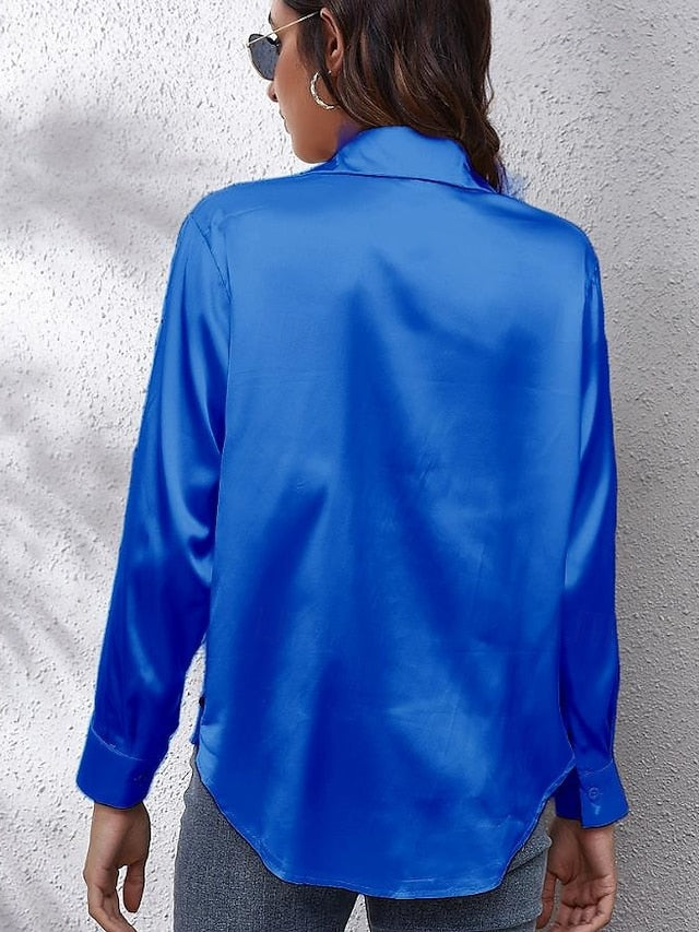 Women's Shirt Elegant Dressy Satin Top Buttons Solid Color
