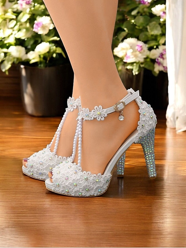 Bridal Lace Floral - Sandals Pearl-Decorated T-Strap White