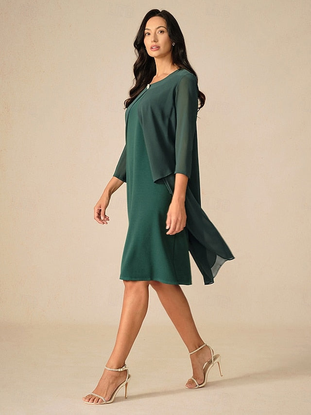 Women's Evening Dress Cape Sleeve Knee-Length Elegant Green