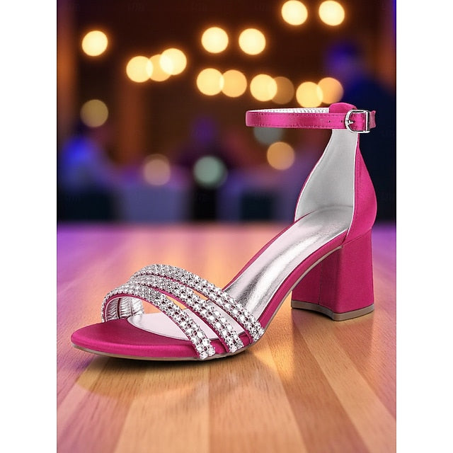 Purple Block with Sandals Rhinestone Heel Women's Satin