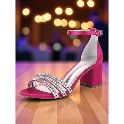 Block with Purple Rhinestone Sandals Satin Women's Heel