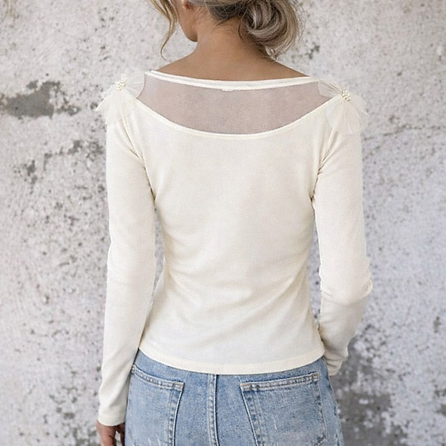 Women's Petite T Shirt Mesh Patchwork Top 3D Appliques