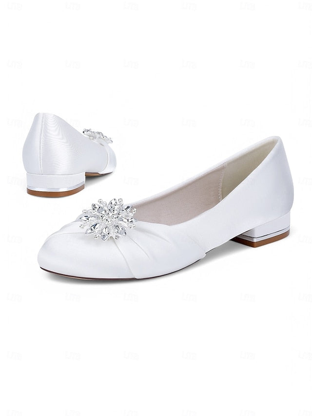 White Wedding Satin Flats – Elegant Crystal Women's