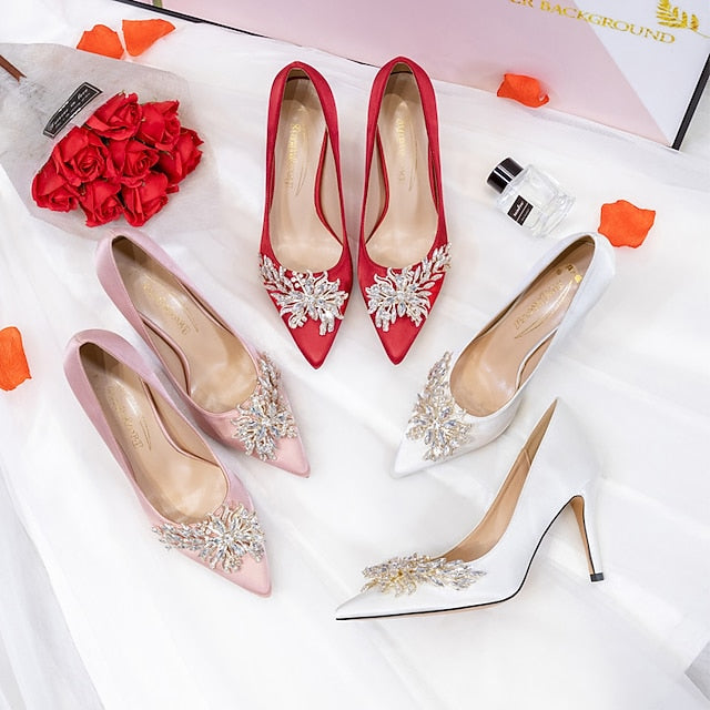 Satin Elegant Heels High – Rhinestone Pink Women's