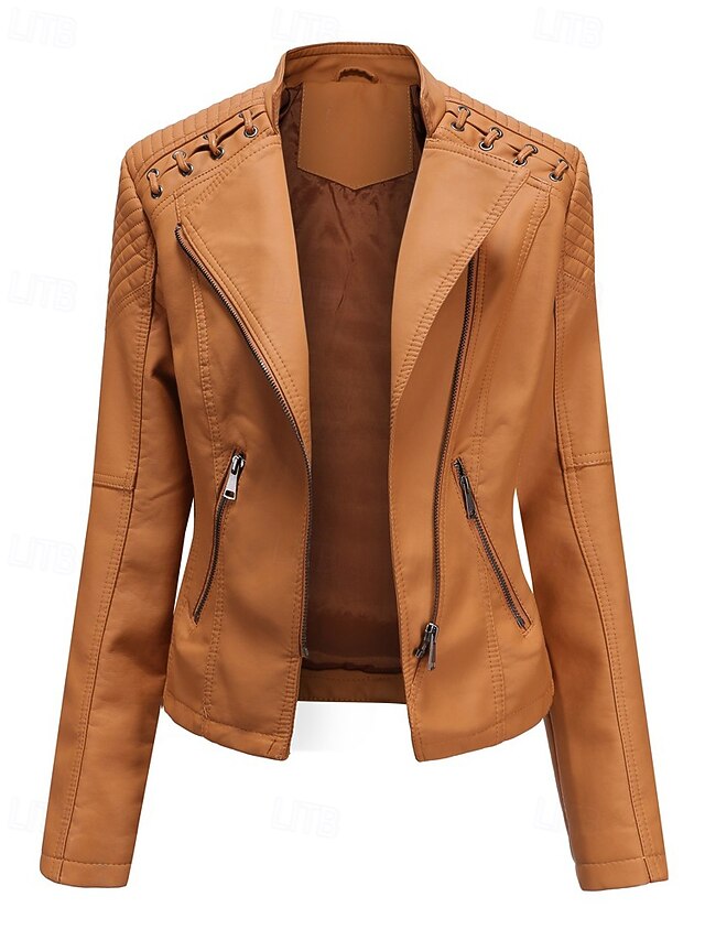 Pocket Leather Jacket Comfortable Faux Zipper Women's