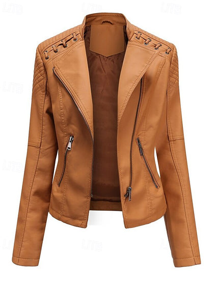 Pocket Leather Jacket Comfortable Faux Zipper Women's