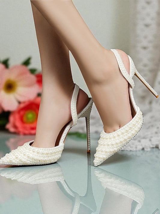 Pearl-Embellished Leather Heels Women's White Slingback -