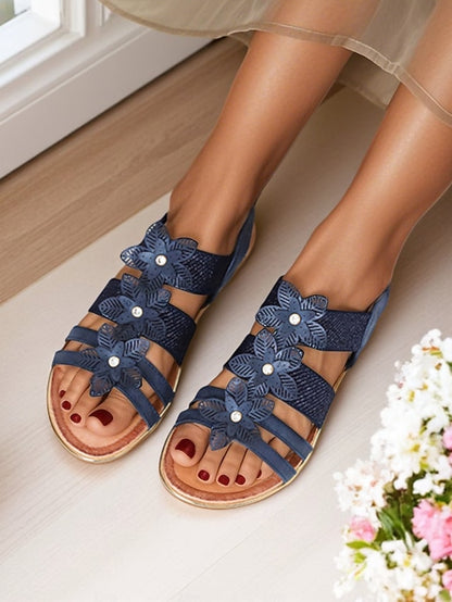 Floral Rhinestone Sandals Flat Women's Beige – Elegant