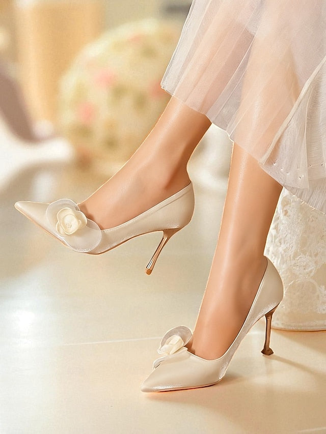 - Women's Elegant Heels Wedding Pointed Satin Ivory Floral