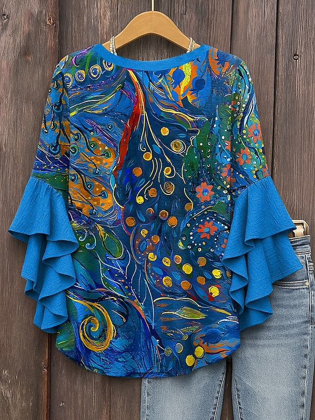 Women's Blouse V Neck Layered Ruffle Sleeve Tops Graphic