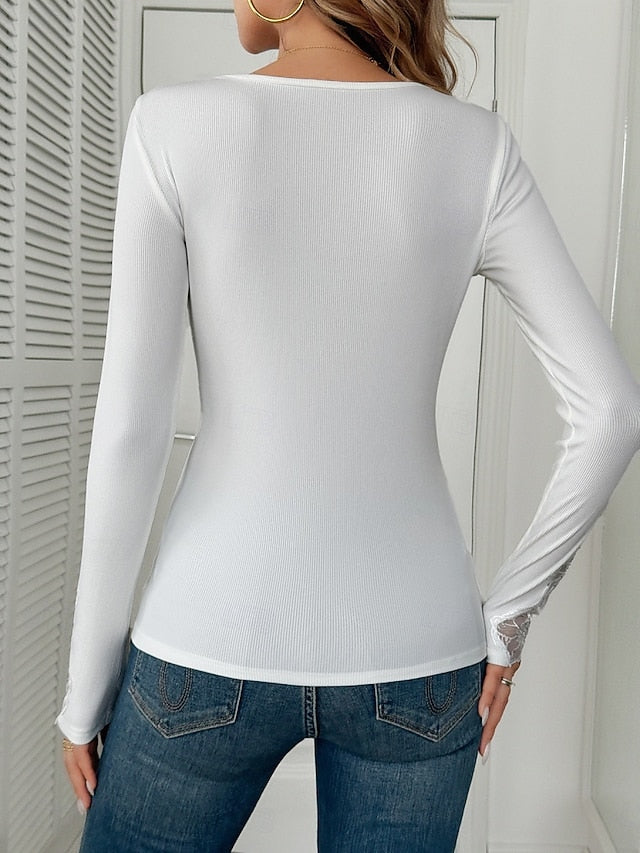 Women's Blouse Lace Trim Solid Color Elegant Stylish Basic