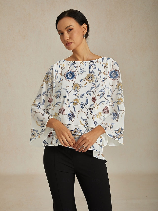 Women's Blouse Floral Print Layered Bell Sleeves Loose Fit