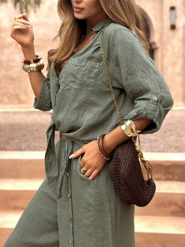 Women's Pants Sets Bolero Top Long Sleeve Shirt Collar