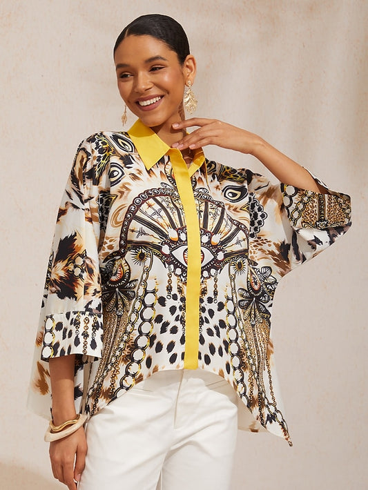 Vintage Leopard Jewelry Silky Satin Dolman Sleeve Shirt