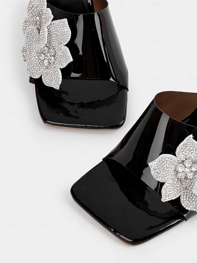 Flower Black Women's Mules Rhinestone with Leather Patent